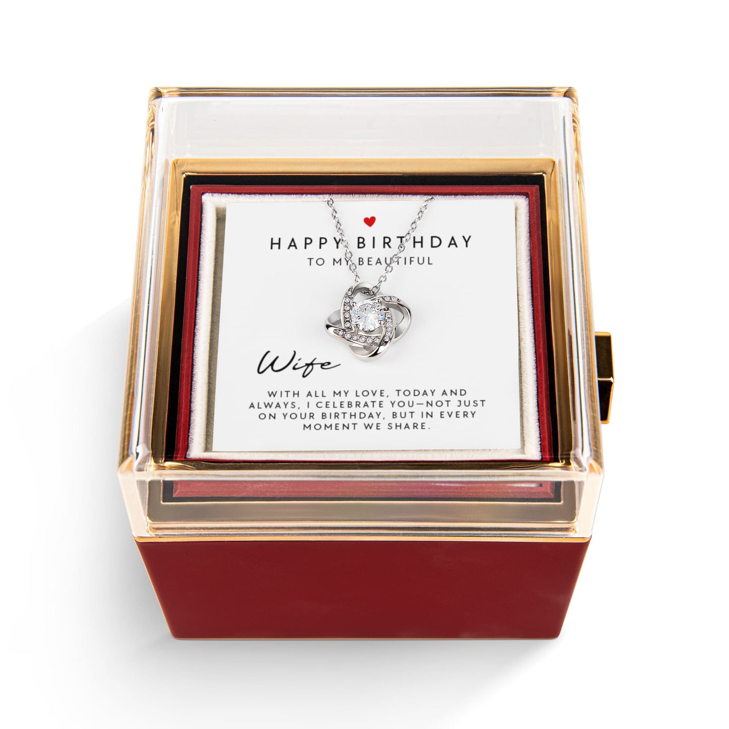 Birthday Gift for Wife - Surprise Rotating Eternal Rose Box & Love Knot Necklace - 14k White or 18k Yellow Gold Finish - Romantic Jewelry Gift for Her