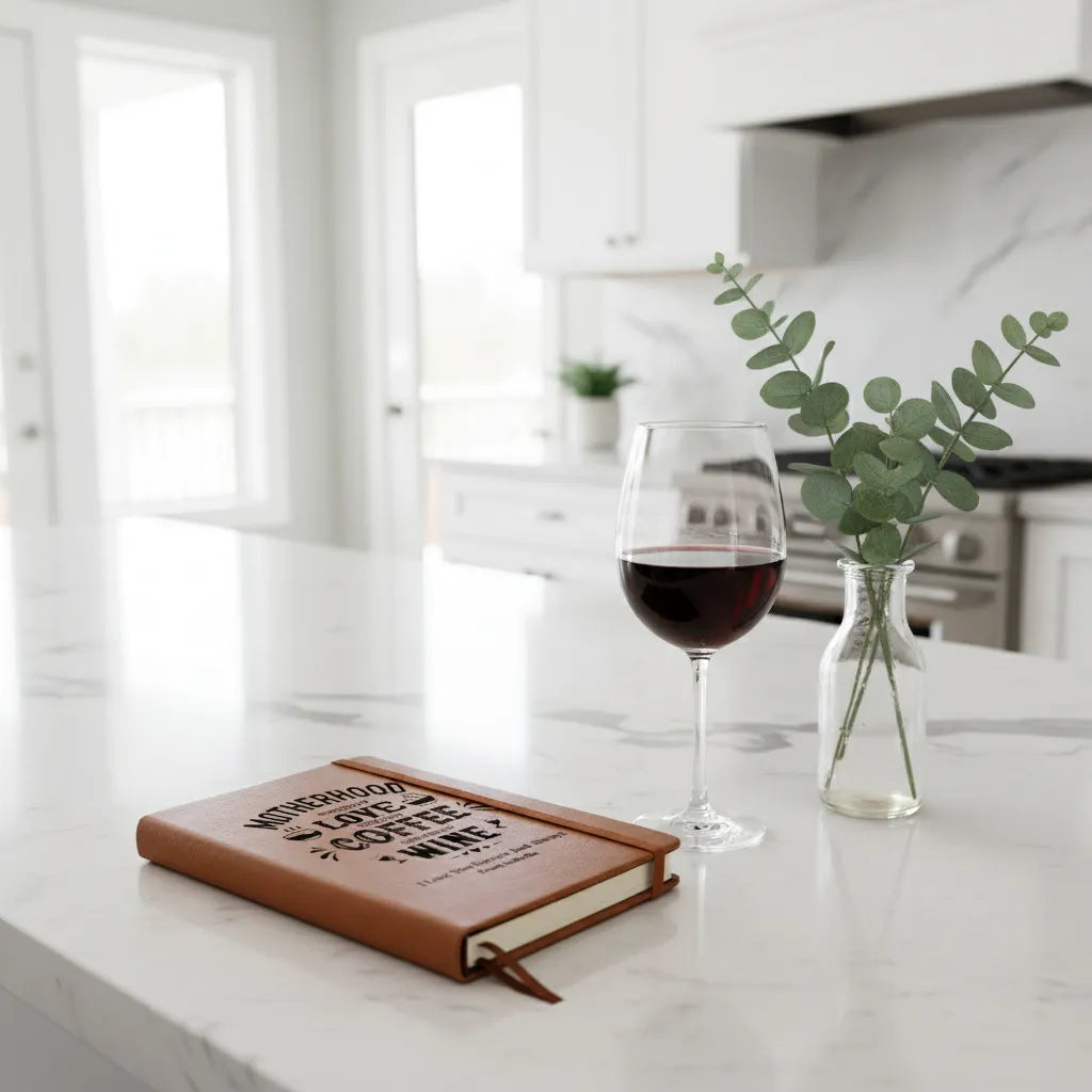 Custom Vegan Leather Journal for Moms - Personalized "Motherhood: Powered by Love, Coffee & Wine" Notebook - Gift for New Mom, Birthday, or Mother’s Day