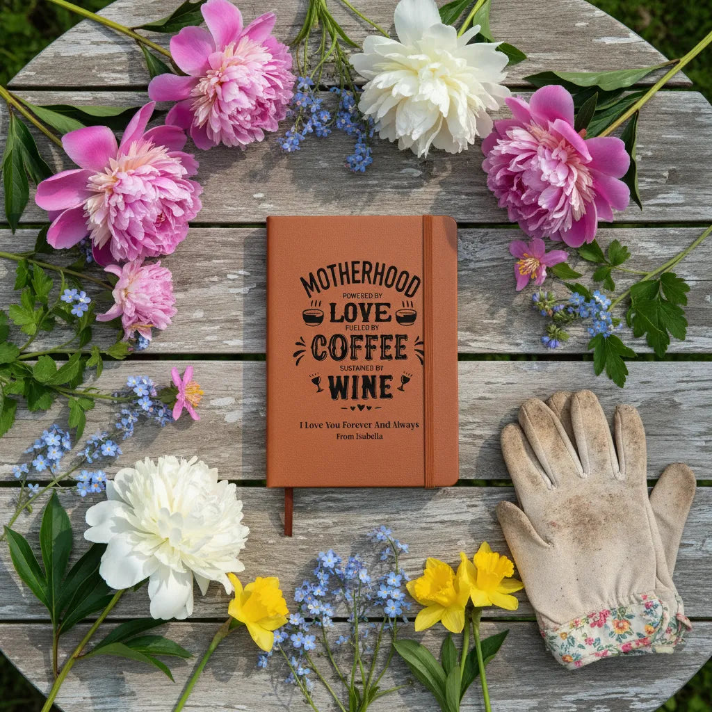 Custom Vegan Leather Journal for Moms - Personalized "Motherhood: Powered by Love, Coffee & Wine" Notebook - Gift for New Mom, Birthday, or Mother’s Day
