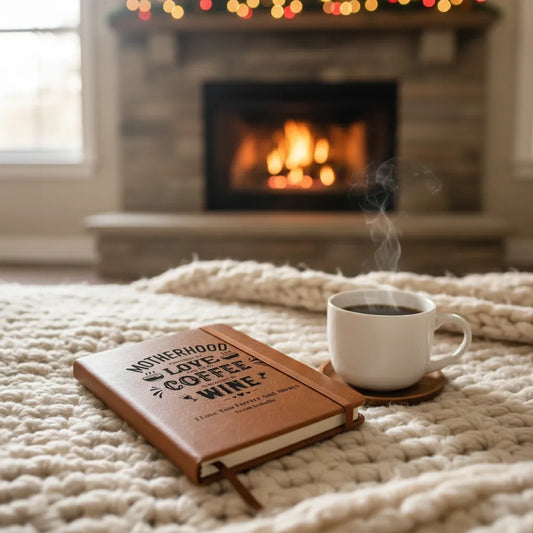 Custom Vegan Leather Journal for Moms - Personalized "Motherhood: Powered by Love, Coffee & Wine" Notebook - Gift for New Mom, Birthday, or Mother’s Day